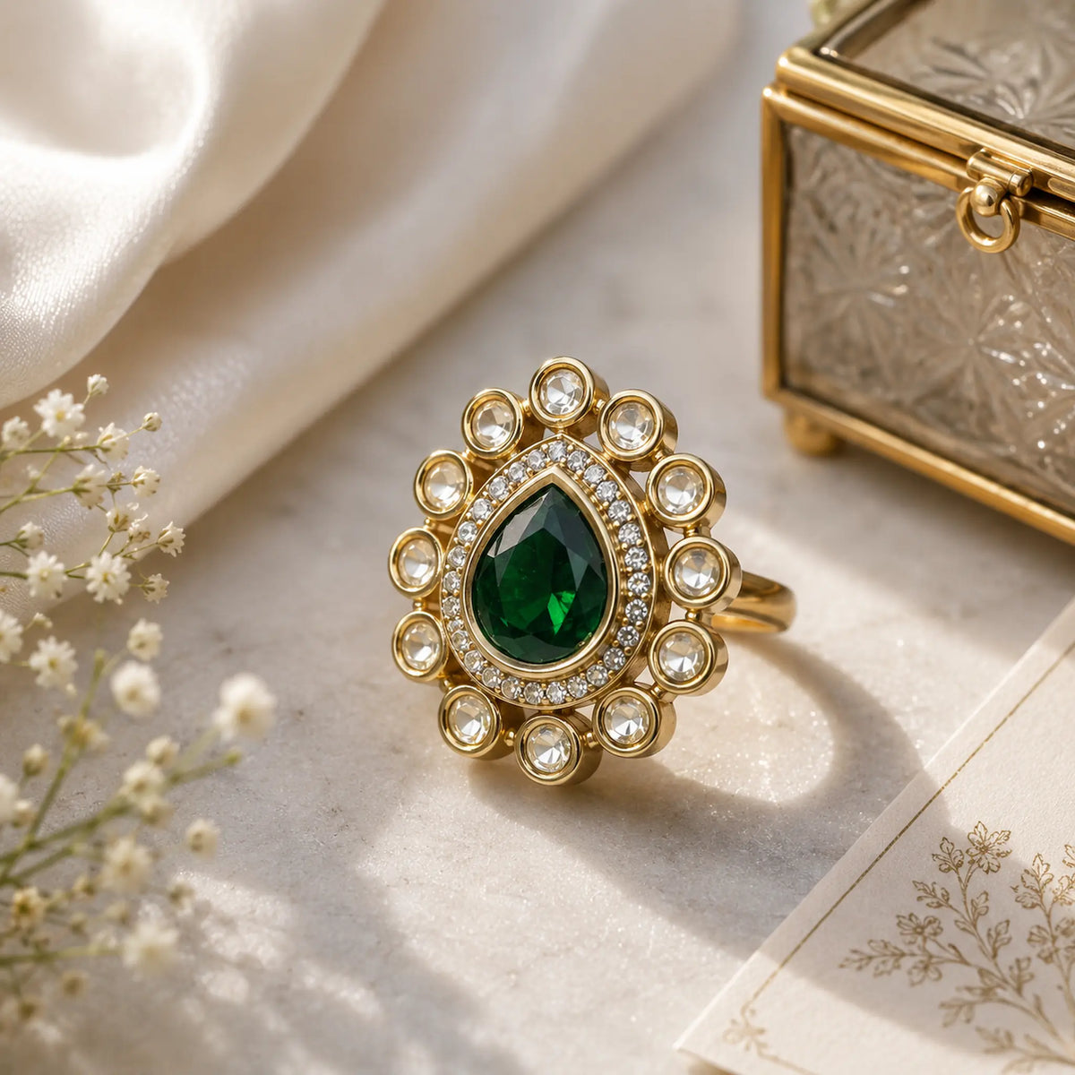 CZ Pear Kundan Foil Polki Round Halo Cocktail Ring - Emerald Green | K Gold