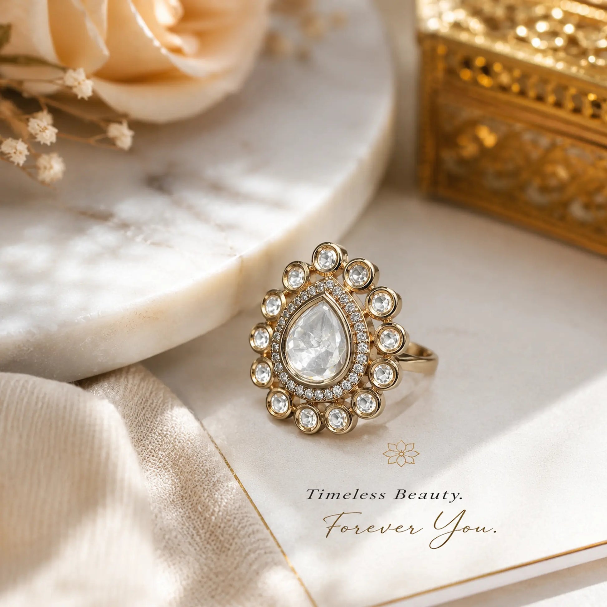 CZ Pear Kundan Foil Polki Round Halo Cocktail Ring - White | K Gold