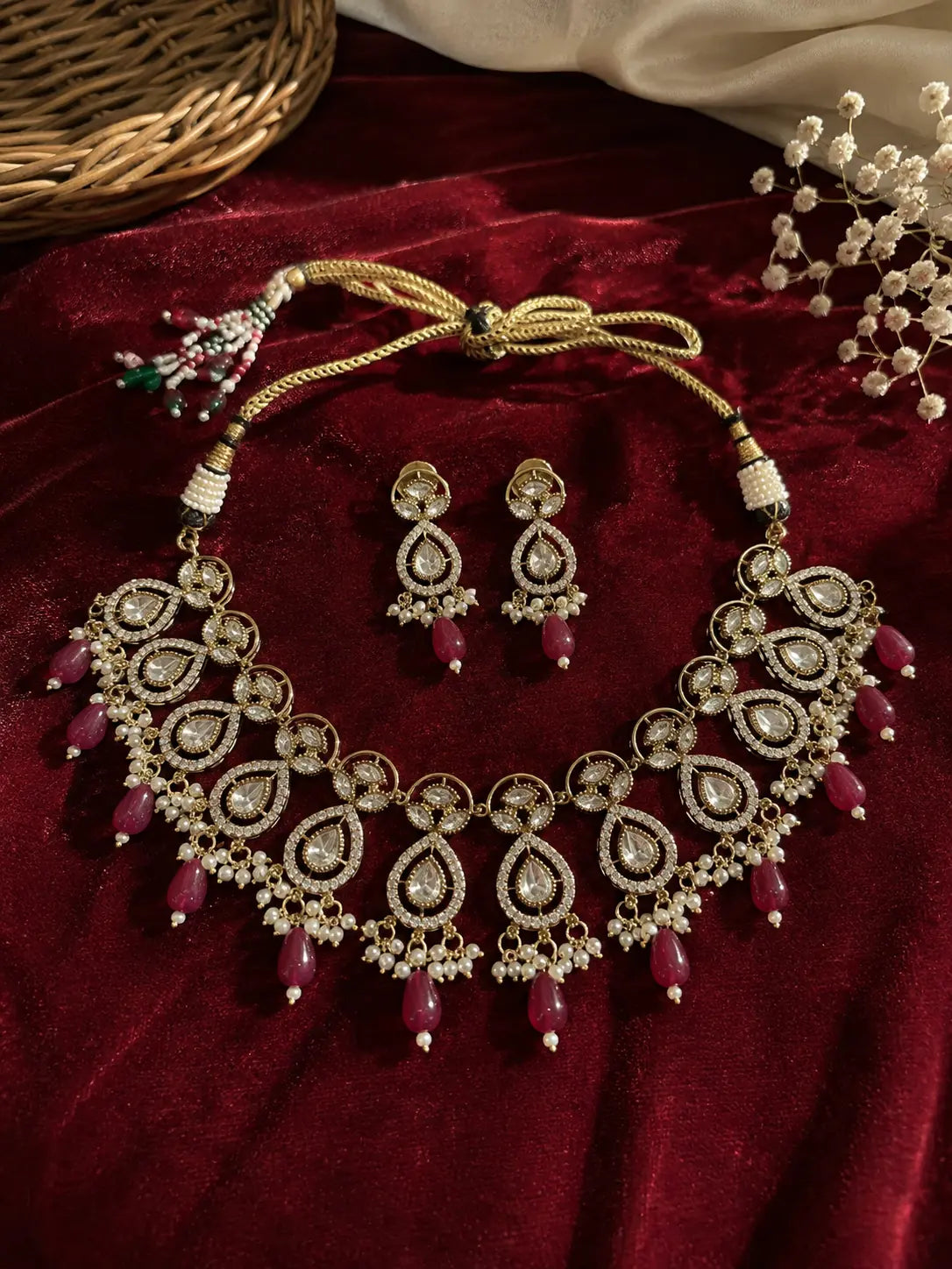 Kundan Polki Double Teardrop Orbit Pearl Drop Necklace Set - Ruby Red | Mehendi Gold