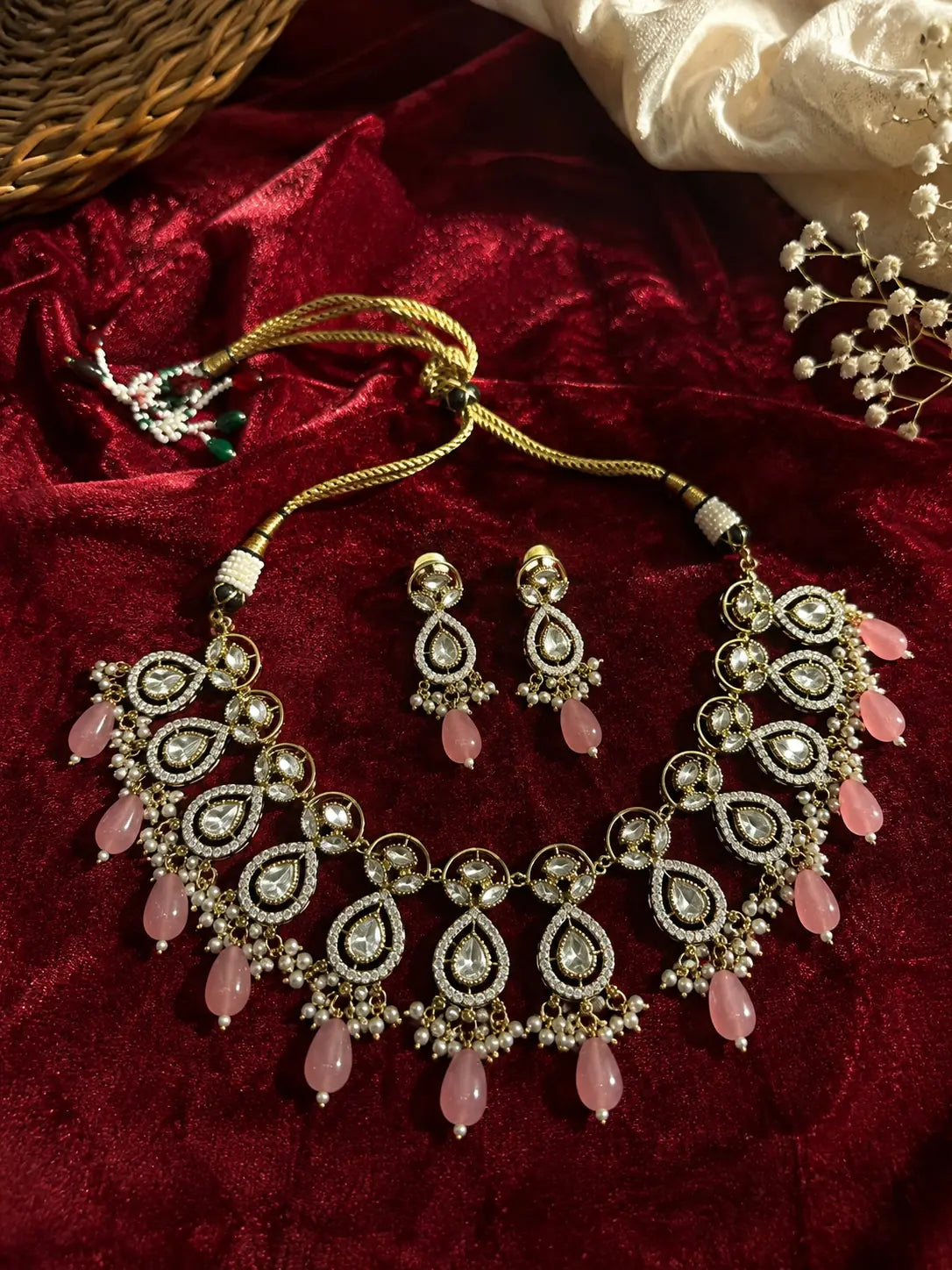 Kundan Polki Double Teardrop Orbit Pearl Drop Necklace Set - Baby Pink | Mehendi Gold