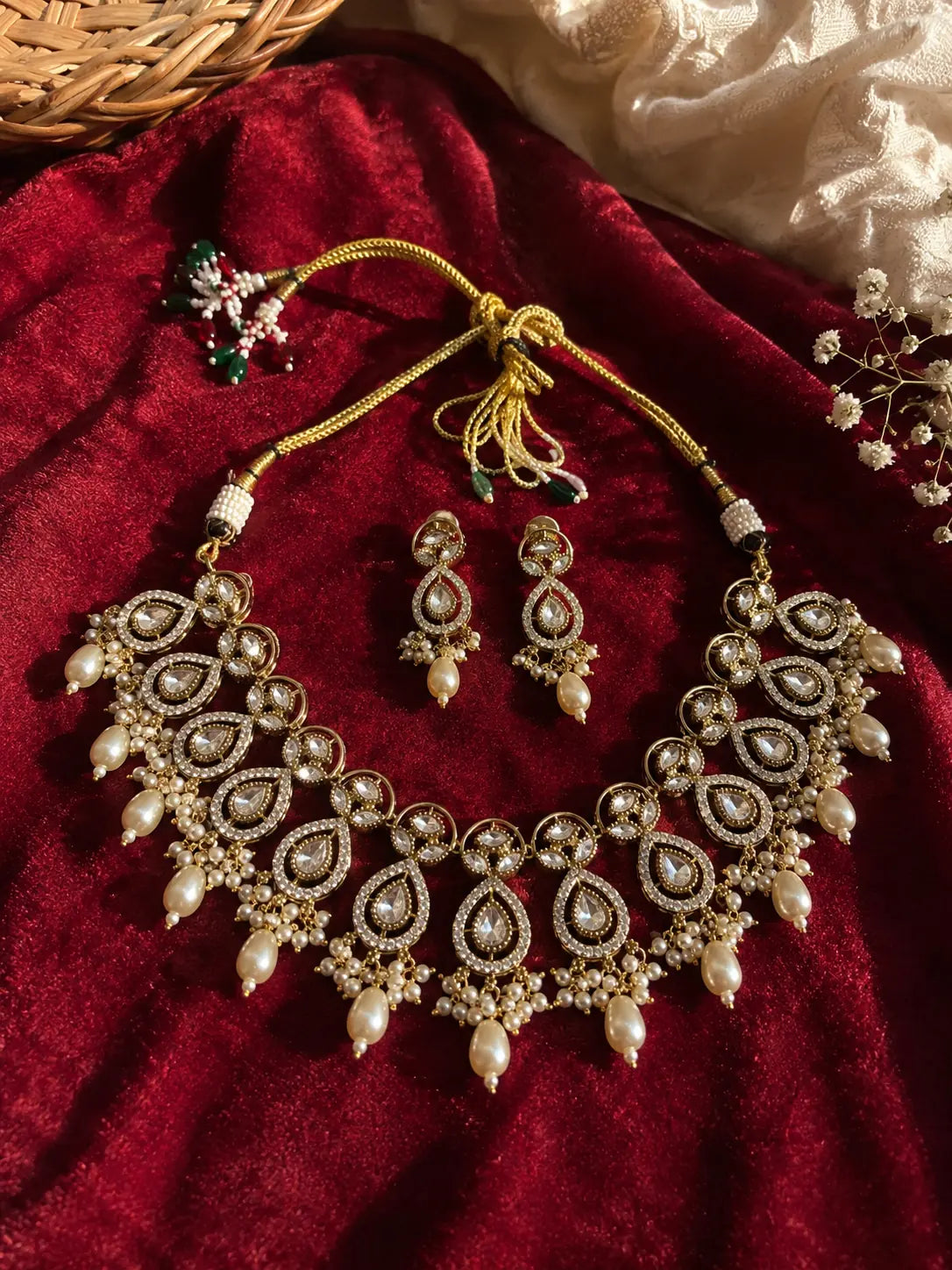 Kundan Polki Double Teardrop Orbit Pearl Drop Necklace Set - White | Mehendi Gold