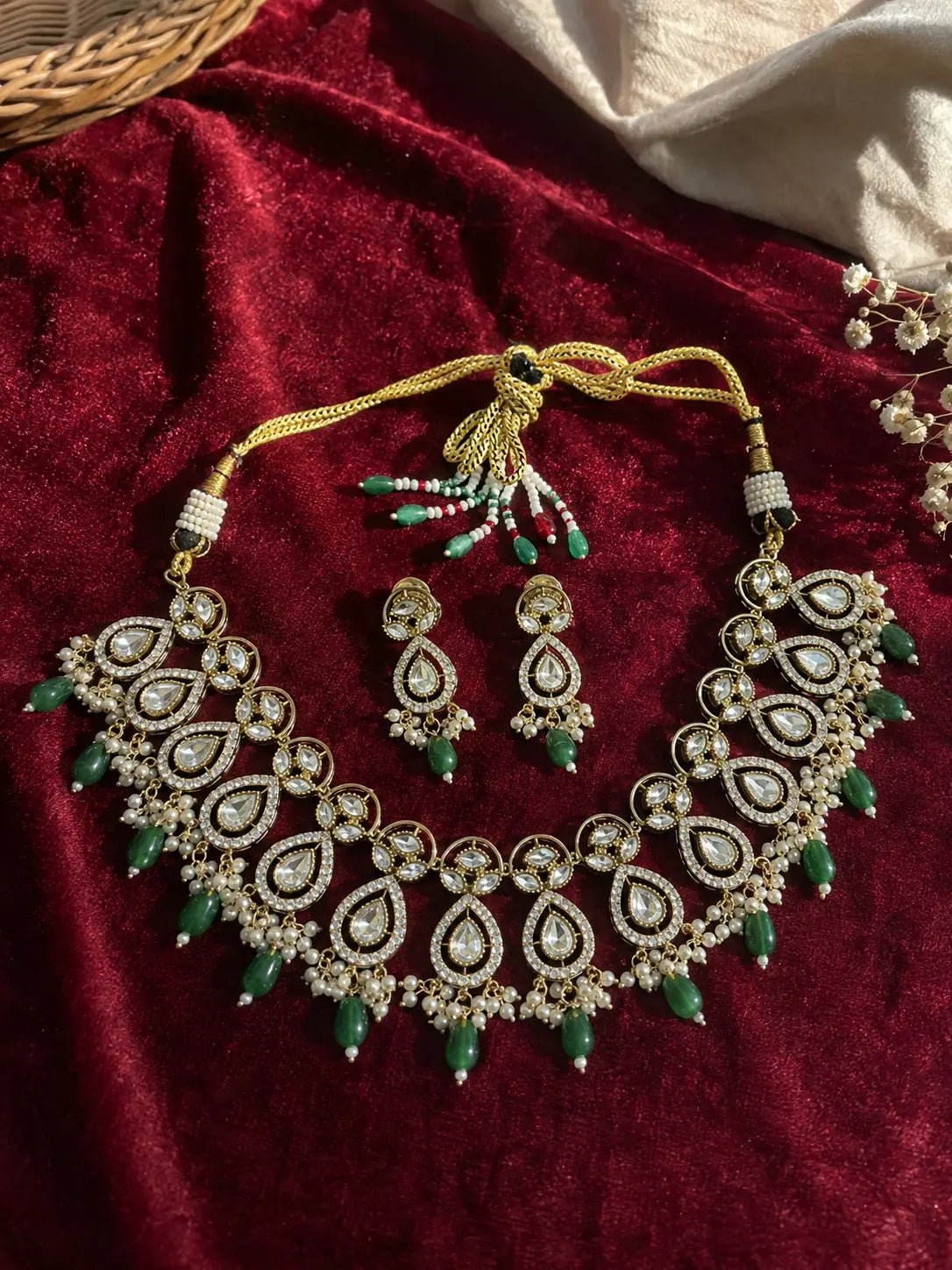Kundan Polki Double Teardrop Orbit Pearl Drop Necklace Set - Emerald Green | Mehendi Gold