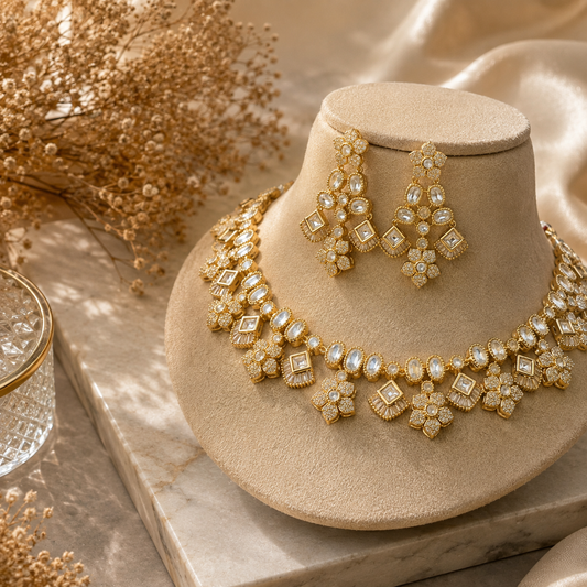 Kundan Polki Floral Cluster Double Layer Necklace and Earring Set | K Gold