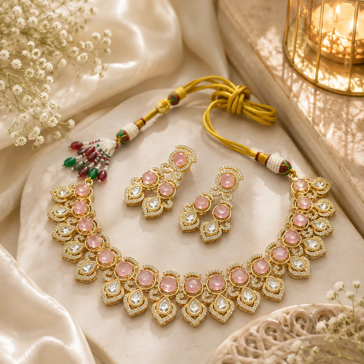 Kundan Polki Teardrop CZ Round Cluster Necklace Set - Baby Pink | K Gold