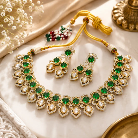 Kundan Polki Teardrop CZ Round Cluster Necklace Set - Emerald Green | K Gold