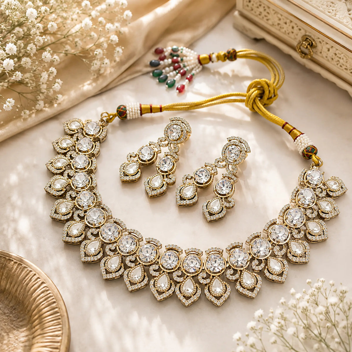 Kundan Polki Teardrop CZ Round Cluster Necklace Set - White | K Gold