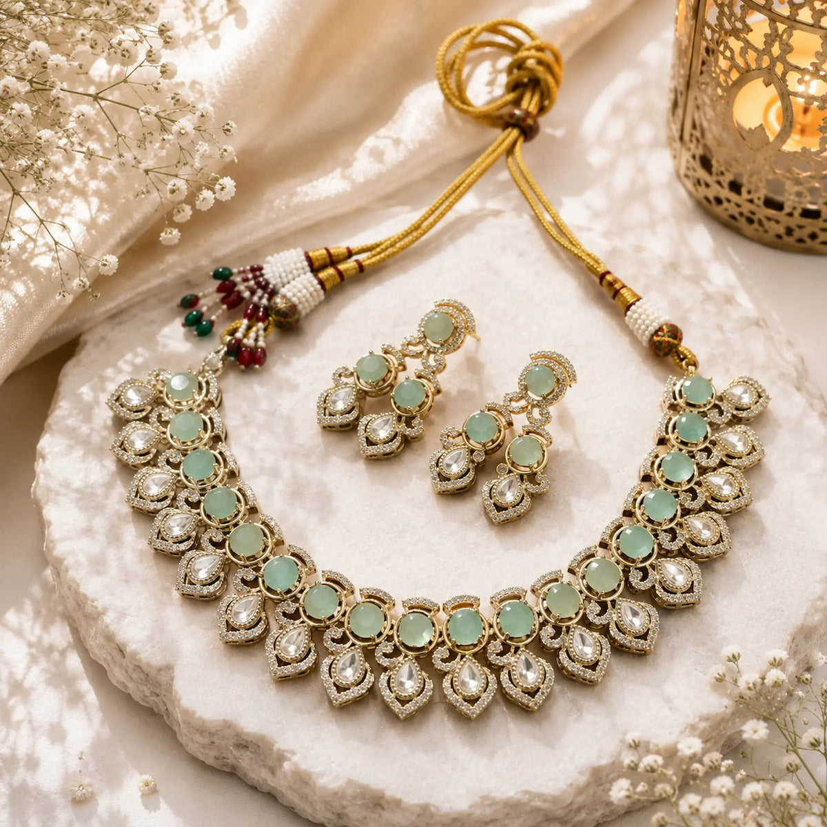 Kundan Polki Teardrop CZ Round Cluster Necklace Set - Mint Green | K Gold