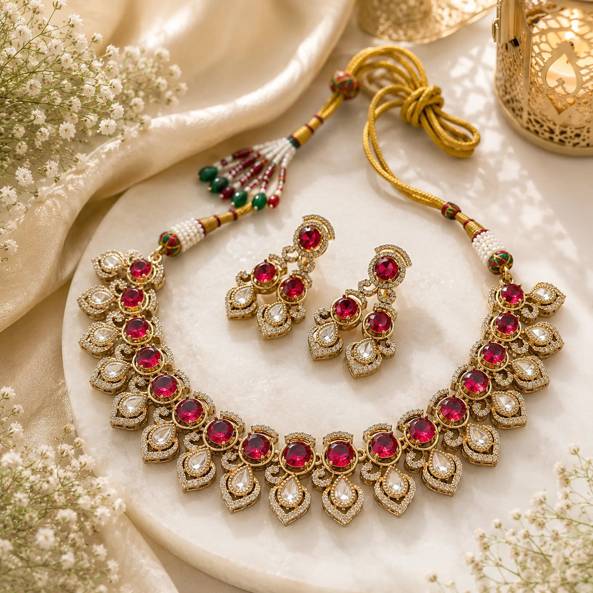 Kundan Polki Teardrop CZ Round Cluster Necklace Set - Ruby Red | K Gold