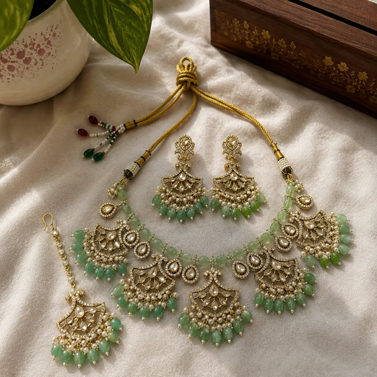 Kundan Polki Fan Jali Choker Necklace Set with Maang Tikka - Mint Green | Mehendi Gold