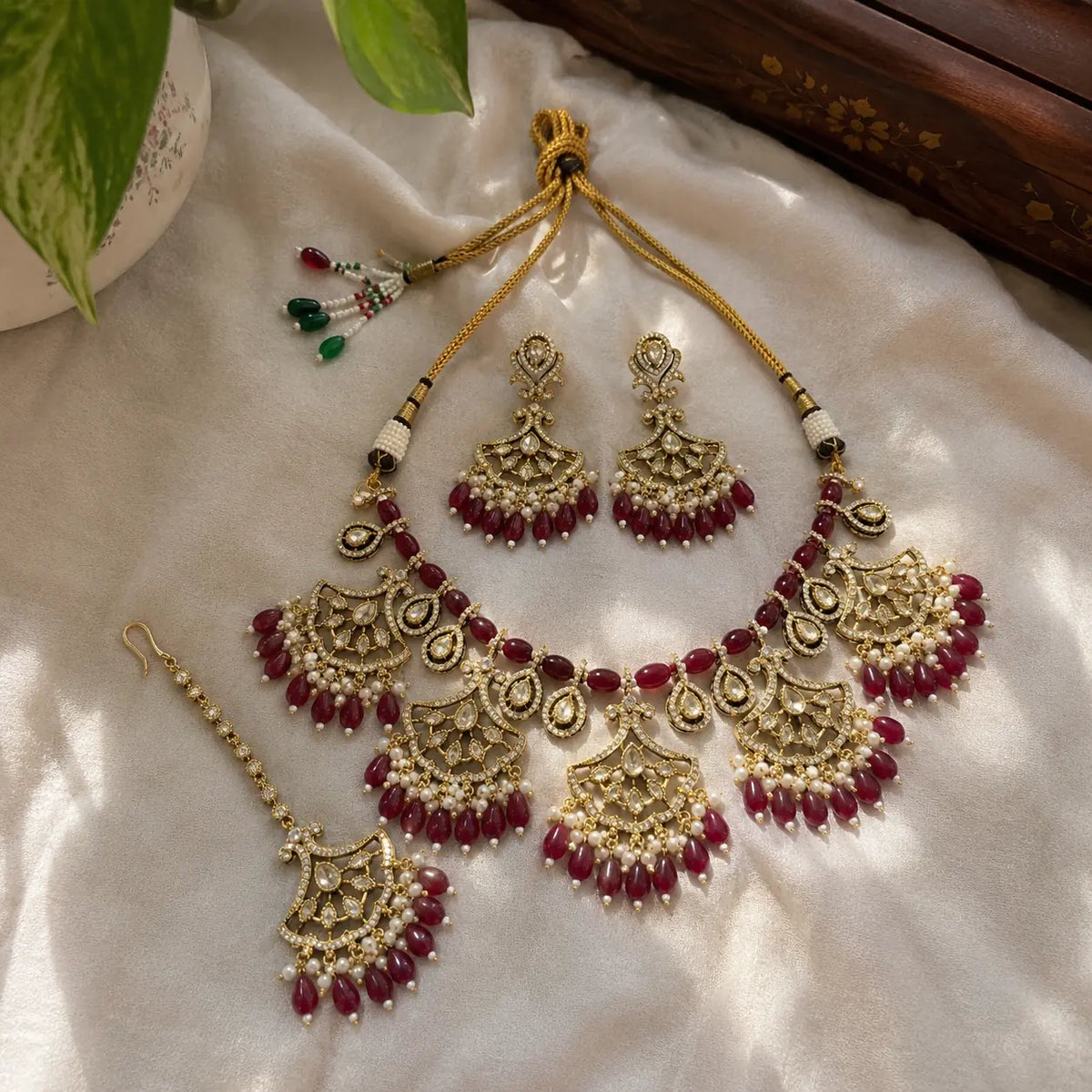 Kundan Polki Fan Jali Choker Necklace Set with Maang Tikka - Ruby Red | Mehendi Gold