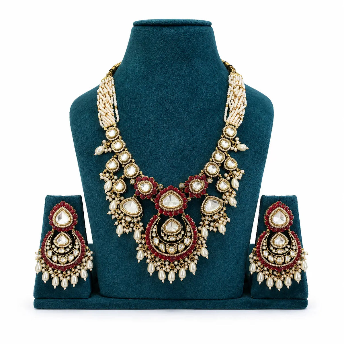 Kundan Polki CZ Chandbali Pearl Drop Statement Necklace Set - Ruby Red | Mehendi Gold