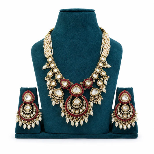 Kundan Polki CZ Chandbali Pearl Drop Statement Necklace Set - Ruby Red | Mehendi Gold