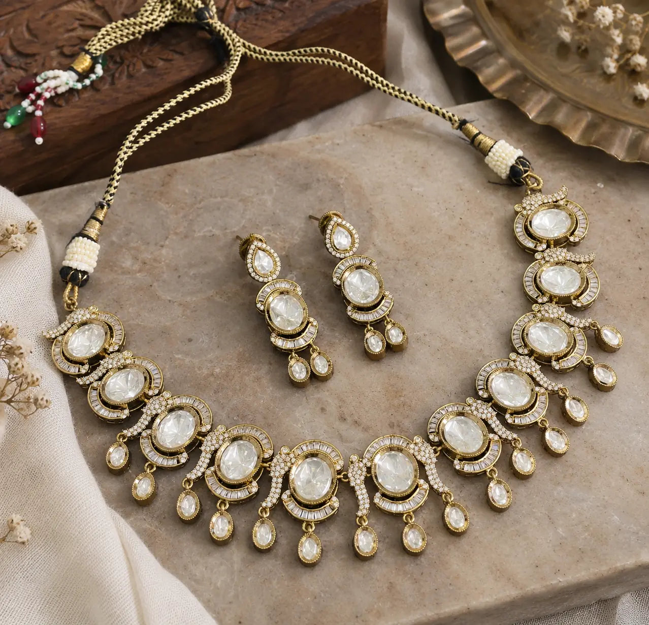 CZ Oval Baguette Cascade Necklace Set - Emerald Green | Mehendi Gold