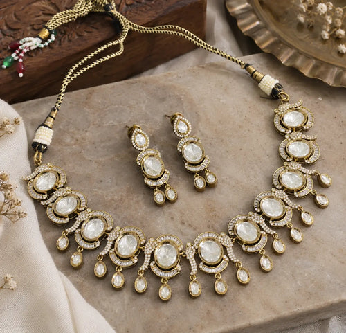 CZ Oval Baguette Cascade Necklace Set - Emerald Green | Mehendi Gold