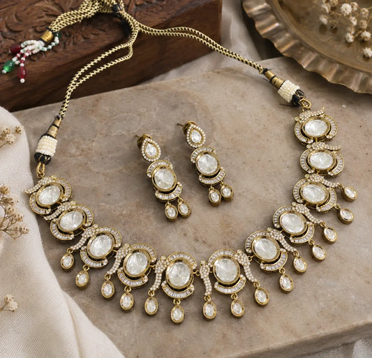 CZ Oval Baguette Cascade Necklace Set - Emerald Green | Mehendi Gold