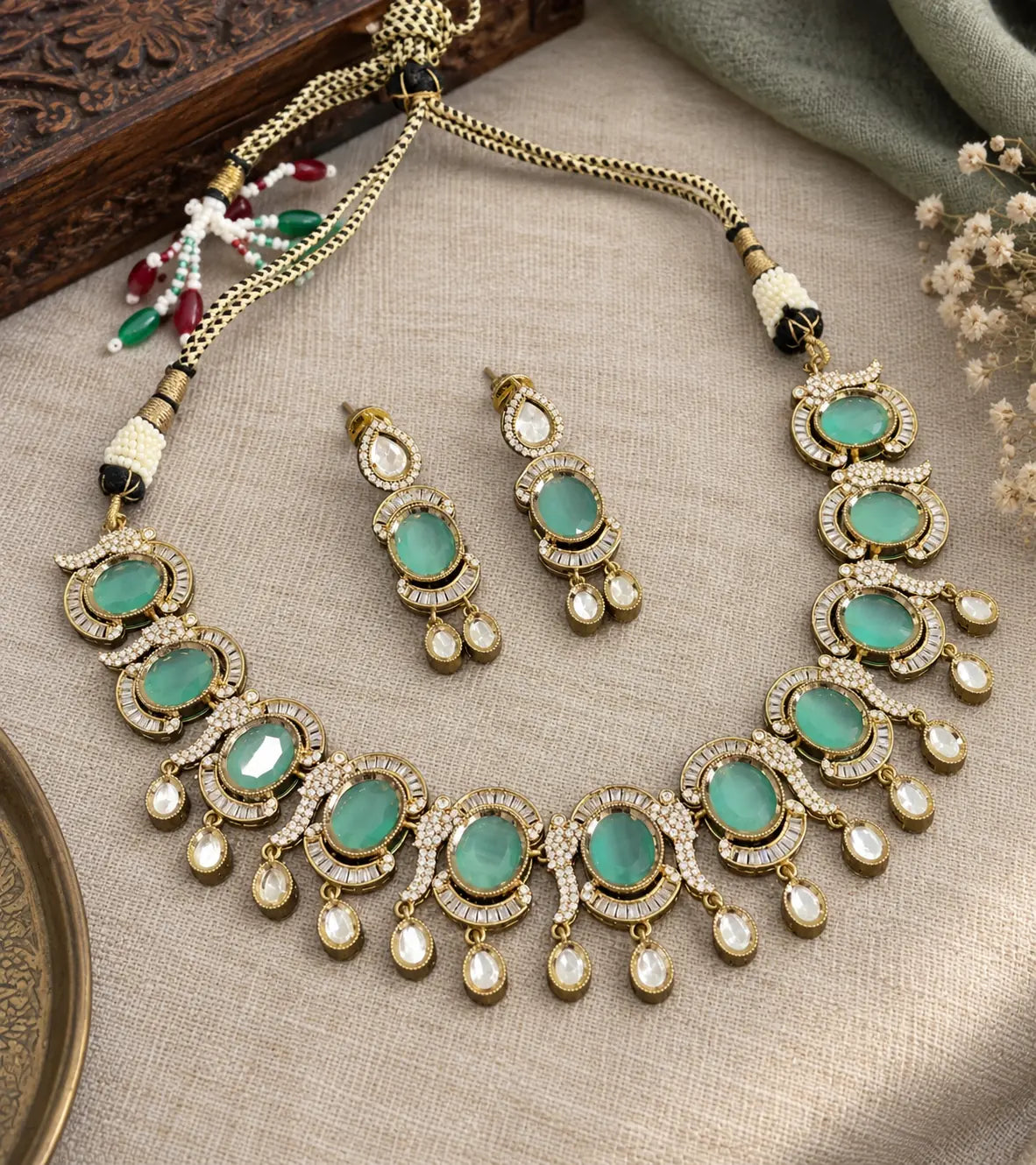 CZ Oval Baguette Cascade Necklace Set - Multi-Color | Mehendi Gold