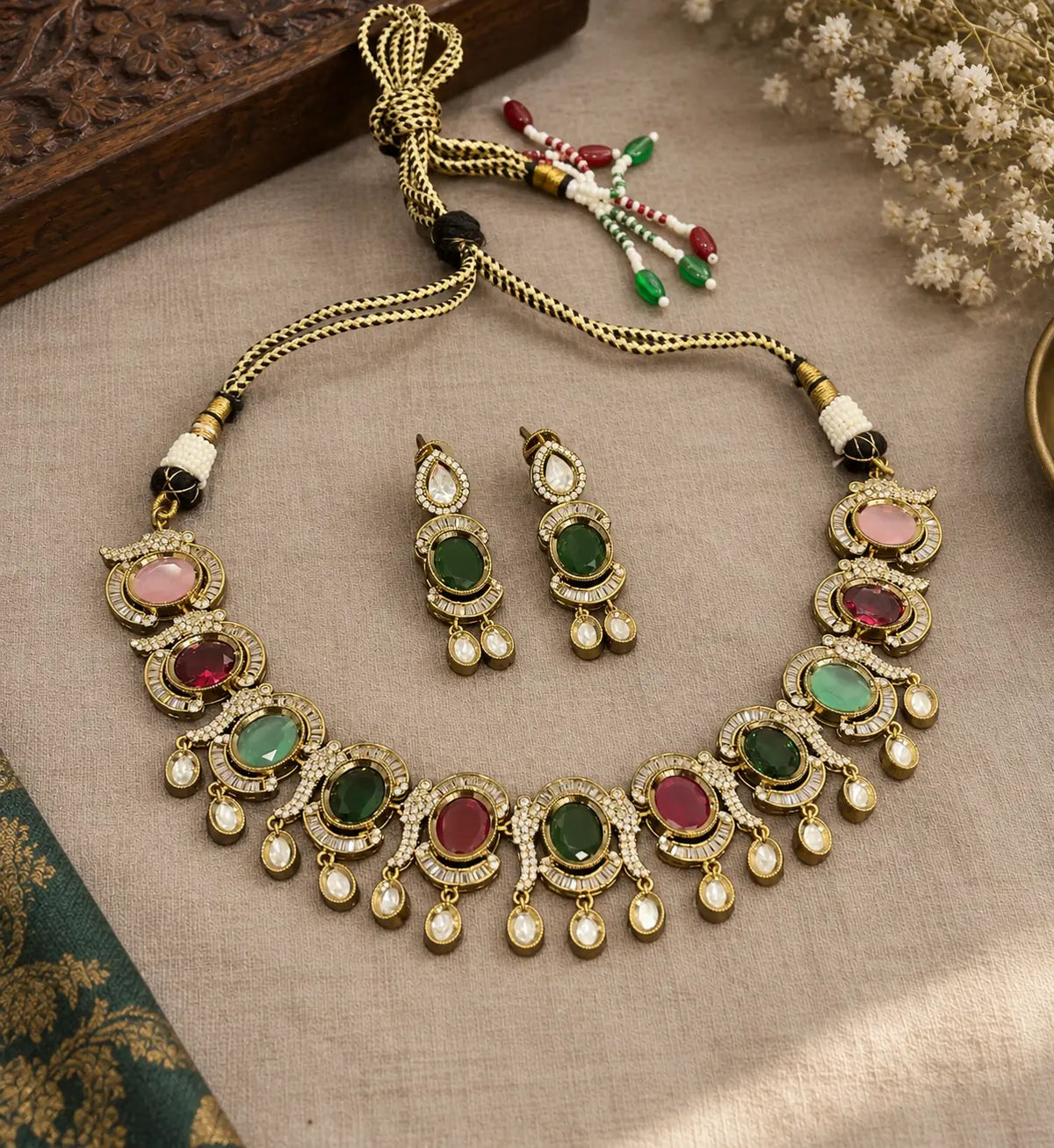 CZ Oval Baguette Cascade Necklace Set - White | Mehendi Gold