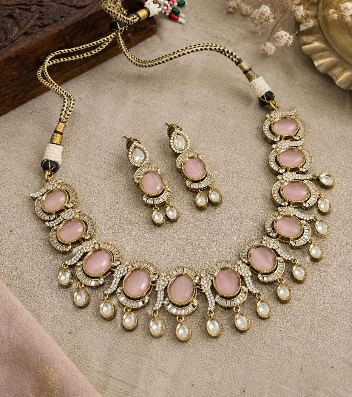 CZ Oval Baguette Cascade Necklace Set - Ruby Red | Mehendi Gold