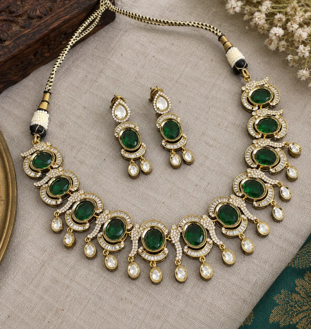 CZ Oval Baguette Cascade Necklace Set - Baby Pink | Mehendi Gold