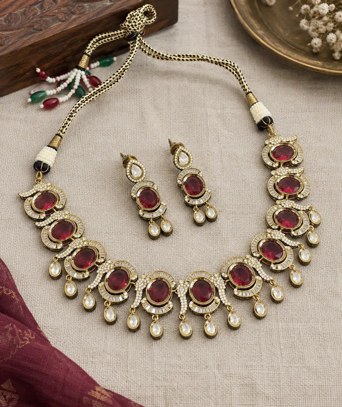 CZ Oval Baguette Cascade Necklace Set - Mint Green | Mehendi Gold
