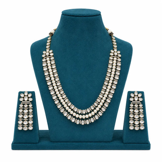 Kundan Polki Pearl CZ Oval Rani Haar Necklace Set | Mehendi Gold