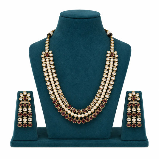 Kundan Polki Pearl CZ Oval Rani Haar Necklace Set | Mehendi Gold