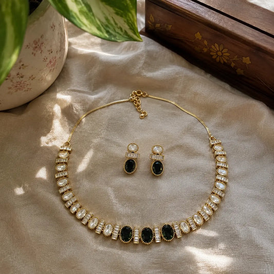 Kundan Polki CZ Oval Baguette Tennis Choker Necklace Set - Emerald Green | K Gold