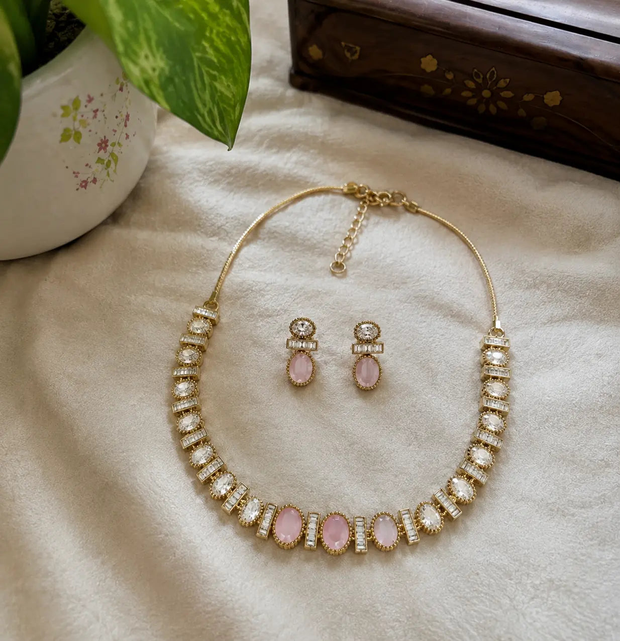 Kundan Polki CZ Oval Baguette Tennis Choker Necklace Set - Baby Pink | K Gold