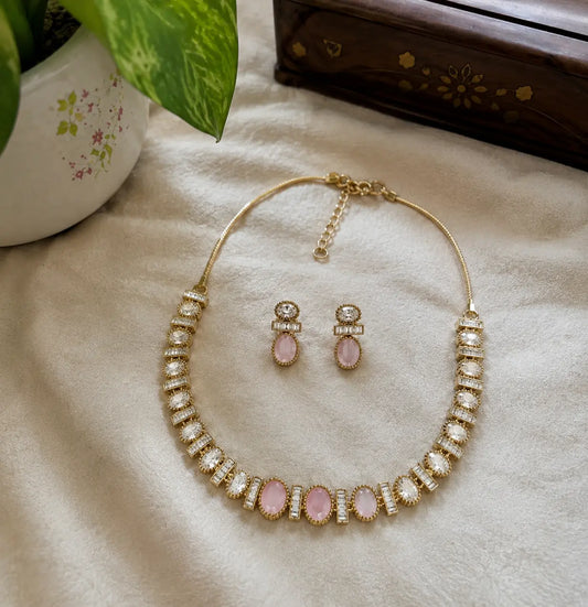 Kundan Polki CZ Oval Baguette Tennis Choker Necklace Set - Baby Pink | K Gold
