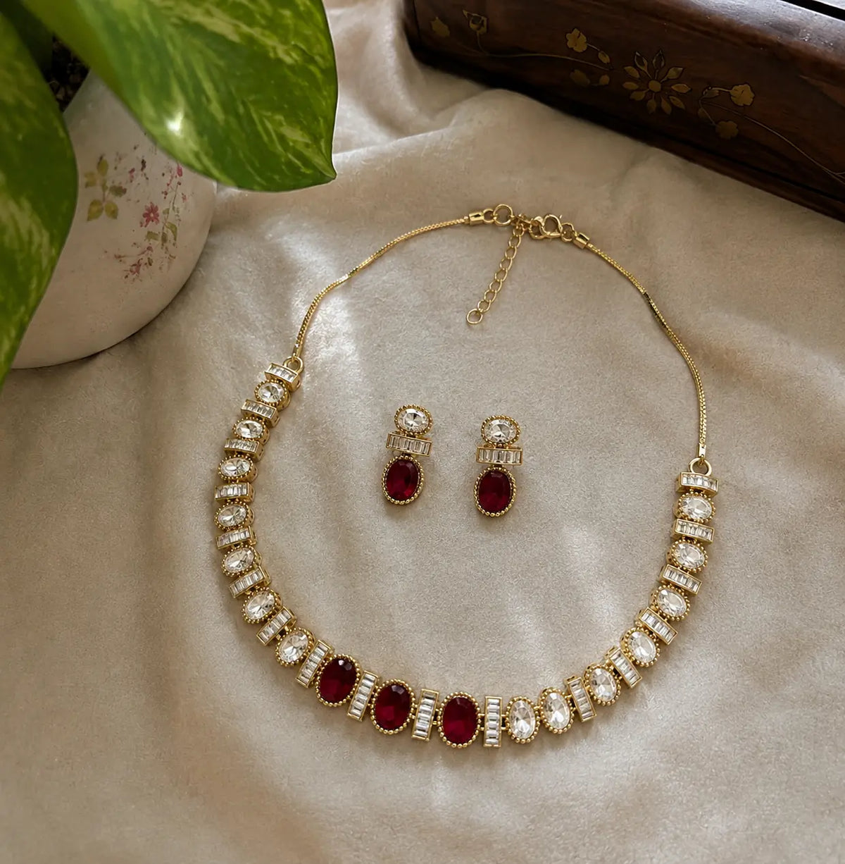 Kundan Polki CZ Oval Baguette Tennis Choker Necklace Set - Ruby Red | K Gold