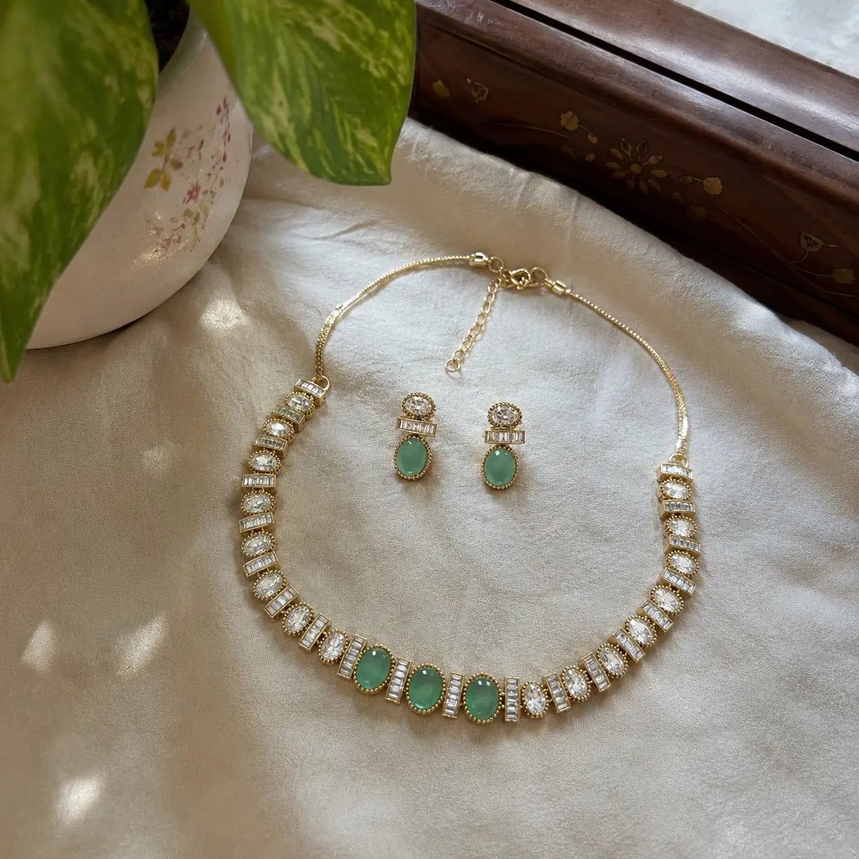 Kundan Polki CZ Oval Baguette Tennis Choker Necklace Set - Mint Green | K Gold