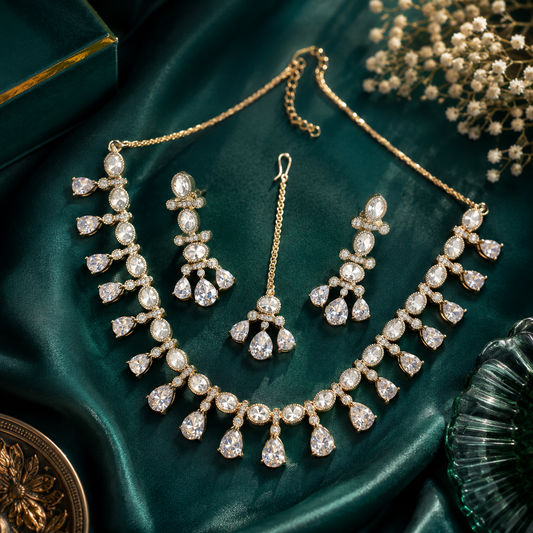 Kundan Polki Oval Fringe Teardrop Necklace Set with Maang Tikka | K Gold & Mehendi Gold