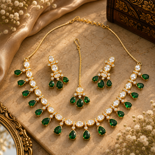 Kundan Polki Oval Fringe Teardrop Necklace Set with Maang Tikka | K Gold & Mehendi Gold