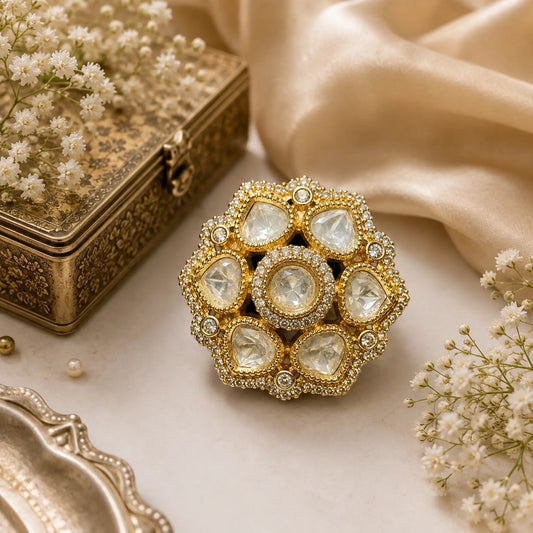 CZ Round Kundan Polki Leafy Dome Cluster Cocktail Ring - White | K Gold