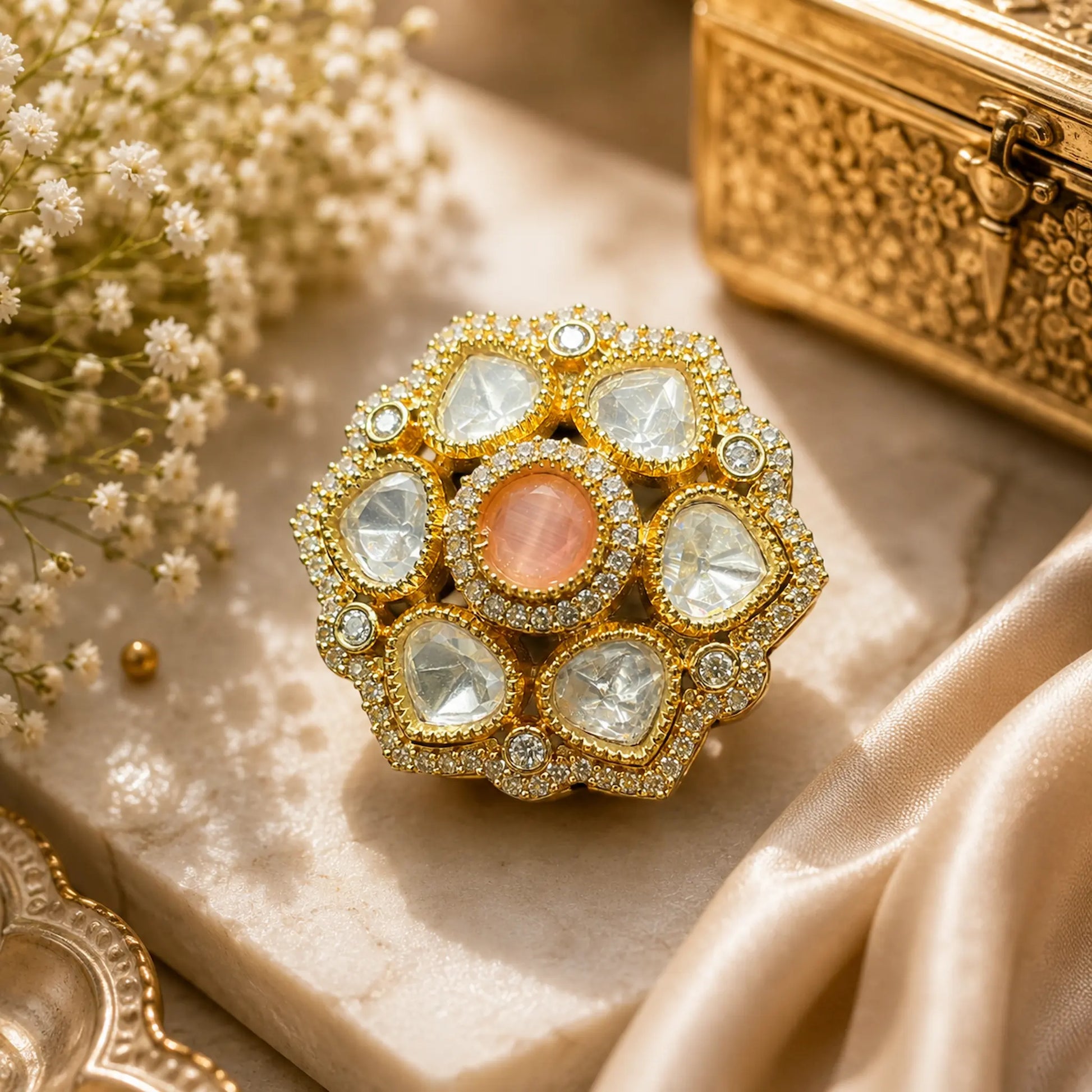 CZ Round Kundan Polki Leafy Dome Cluster Cocktail Ring - Baby Pink | K Gold