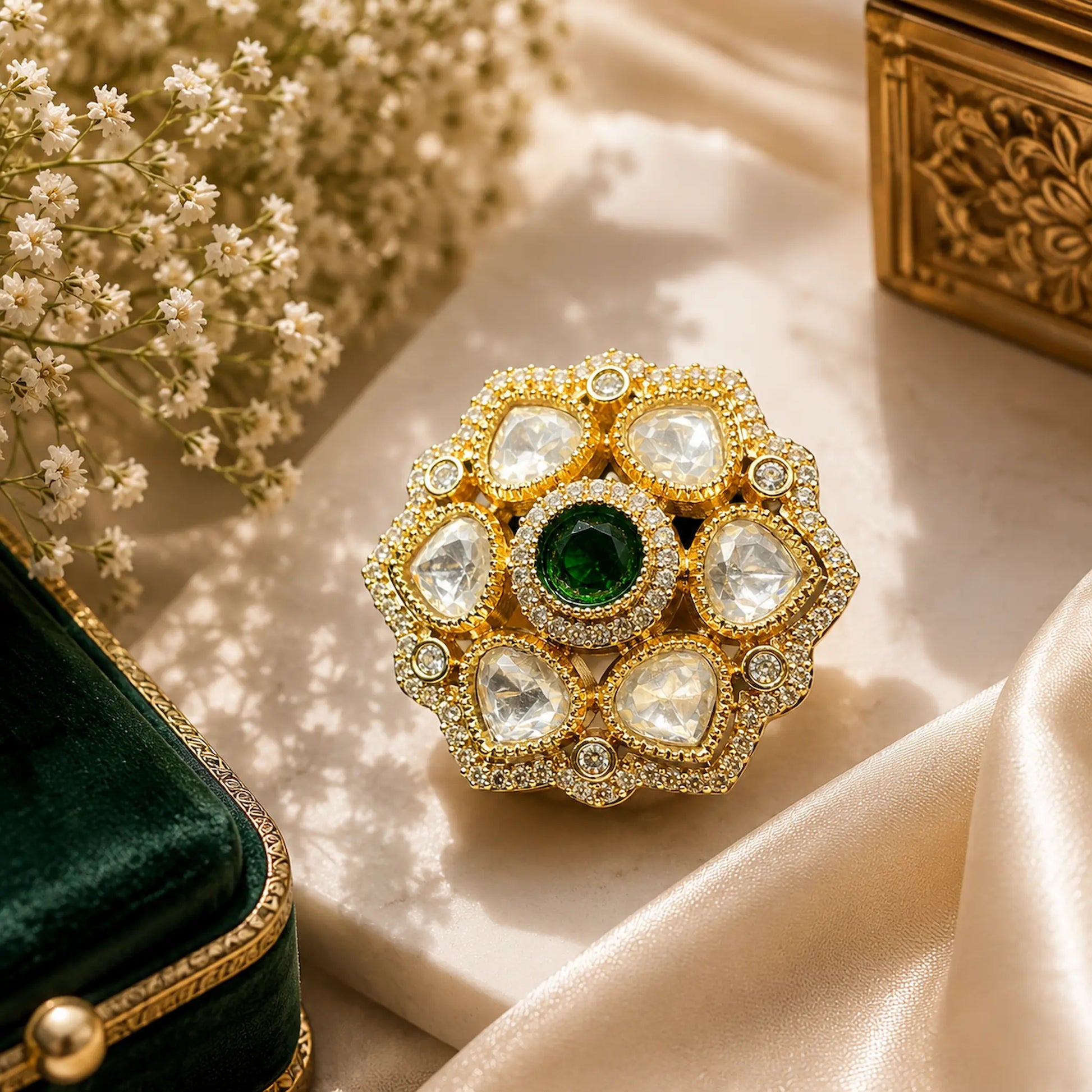 CZ Round Kundan Polki Leafy Dome Cluster Cocktail Ring - Emerald Green | K Gold