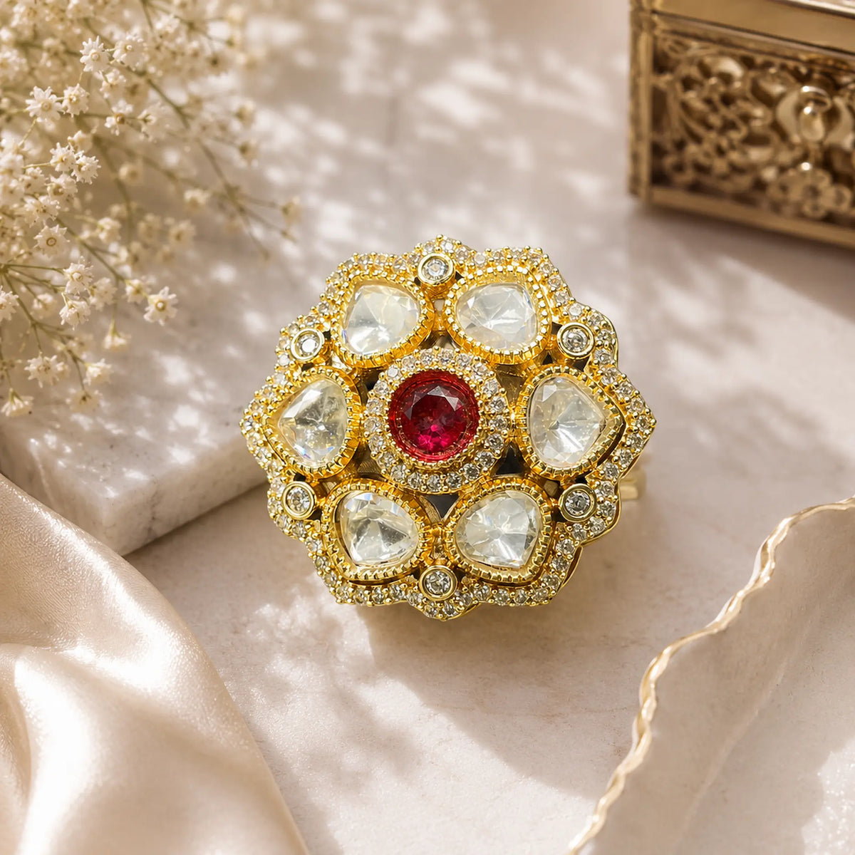 CZ Round Kundan Polki Leafy Dome Cluster Cocktail Ring - Ruby Red | K Gold
