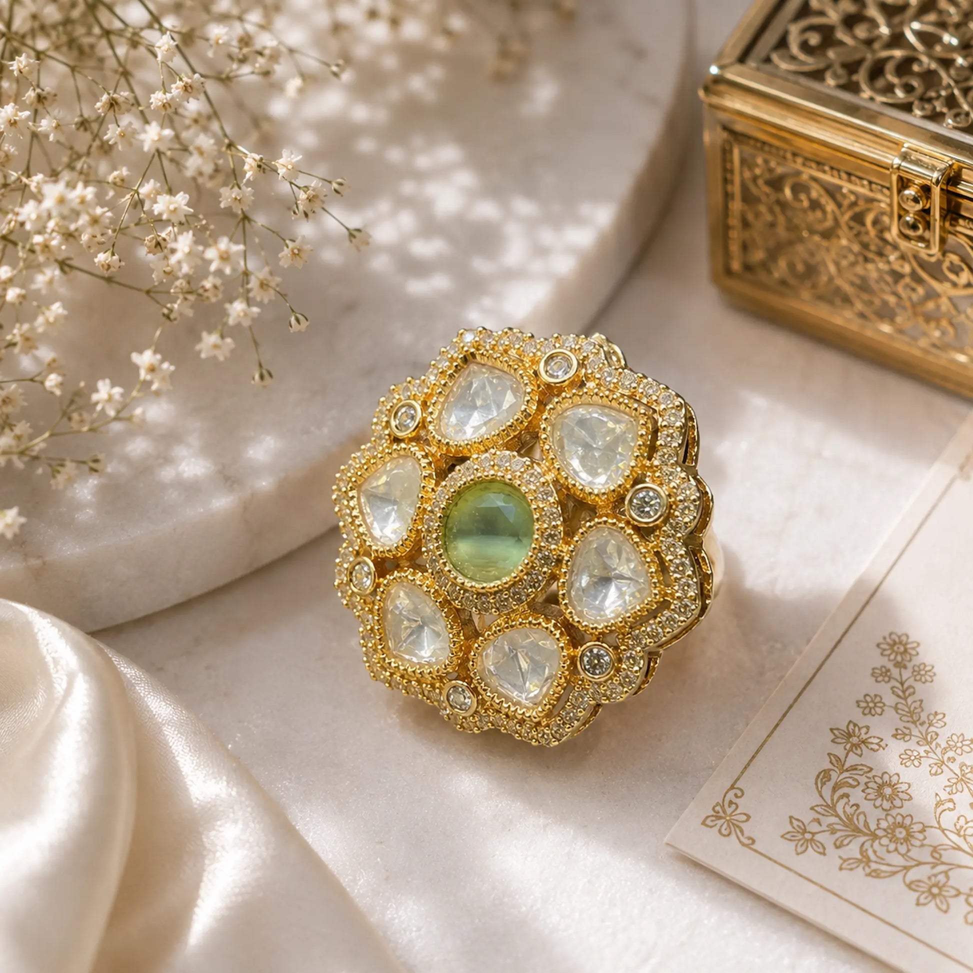 CZ Round Kundan Polki Leafy Dome Cluster Cocktail Ring - Mint Green | K Gold