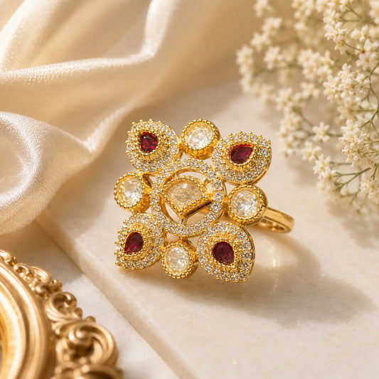 Kundan Polki Kite Square Lattice Cocktail Ring