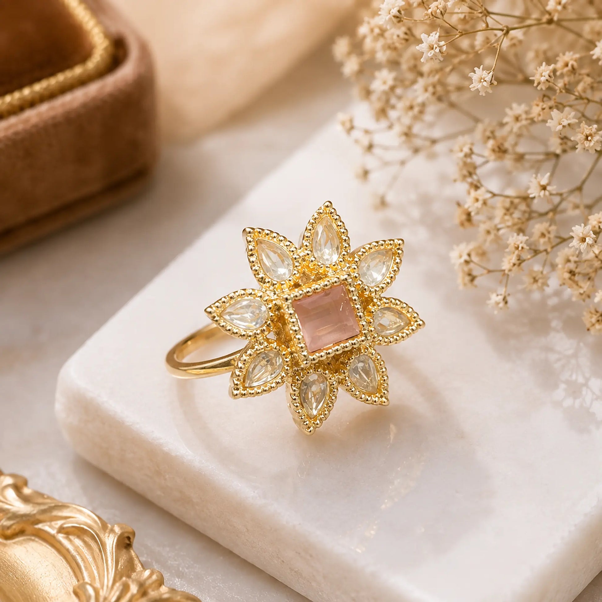 Kundan Polki CZ Square Petal Star Cocktail Ring - Baby Pink | K Gold