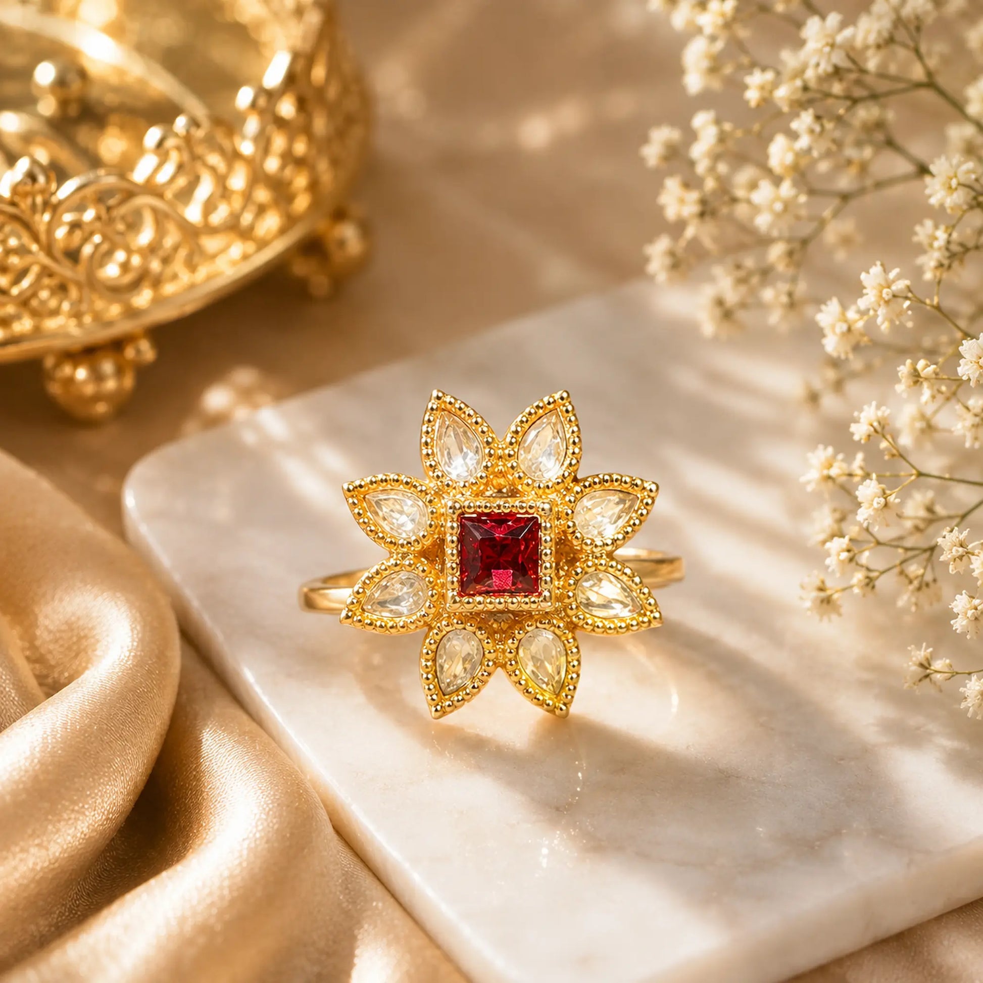 Kundan Polki CZ Square Petal Star Cocktail Ring - White | K Gold