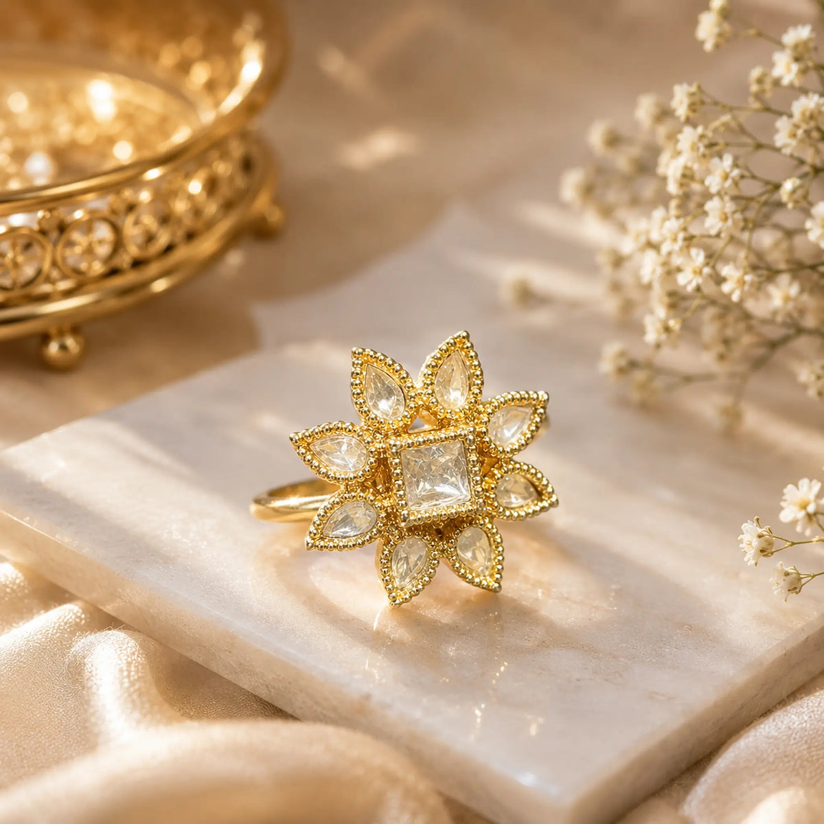 Kundan Polki CZ Square Petal Star Cocktail Ring - Emerald Green | K Gold