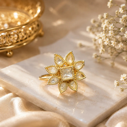 Kundan Polki CZ Square Petal Star Cocktail Ring - Emerald Green | K Gold