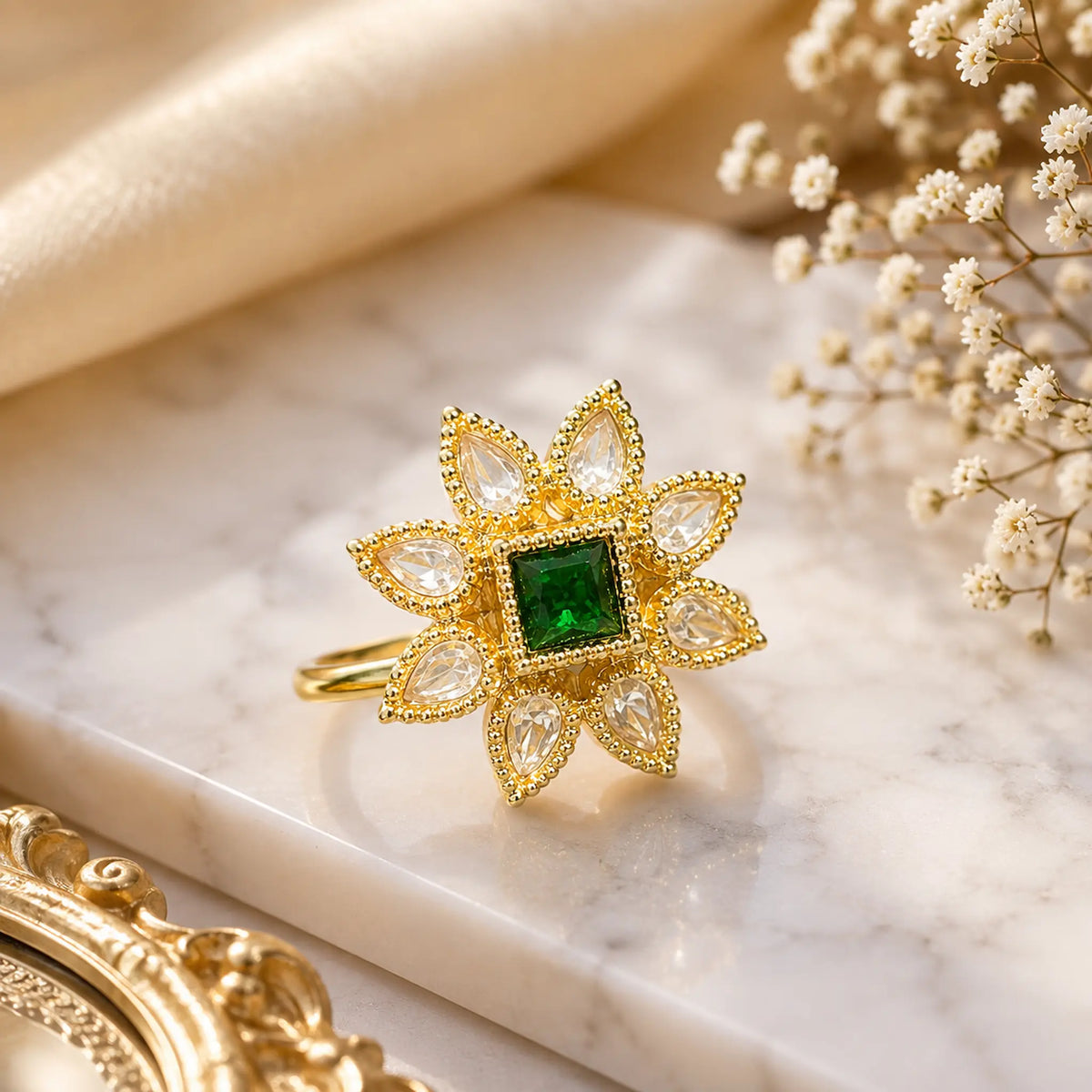 Kundan Polki CZ Square Petal Star Cocktail Ring - Ruby Red | K Gold