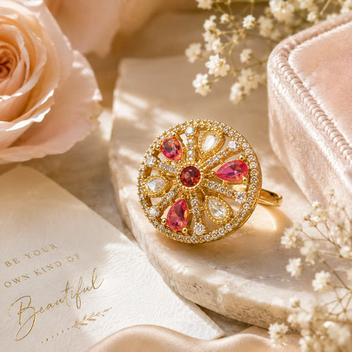 CZ Kundan Polki Teardrop Petal Wheel Cocktail Ring - Baby Pink | K Gold