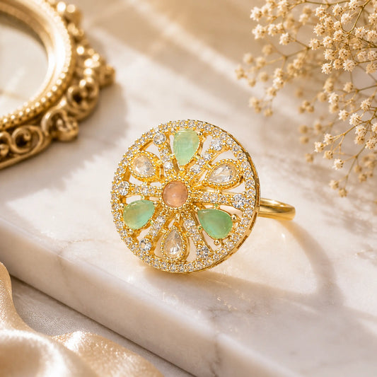 CZ Kundan Polki Teardrop Petal Wheel Cocktail Ring - Mint Green | K Gold