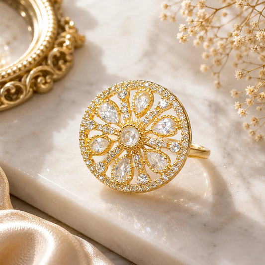 CZ Kundan Polki Teardrop Petal Wheel Cocktail Ring - White | K Gold