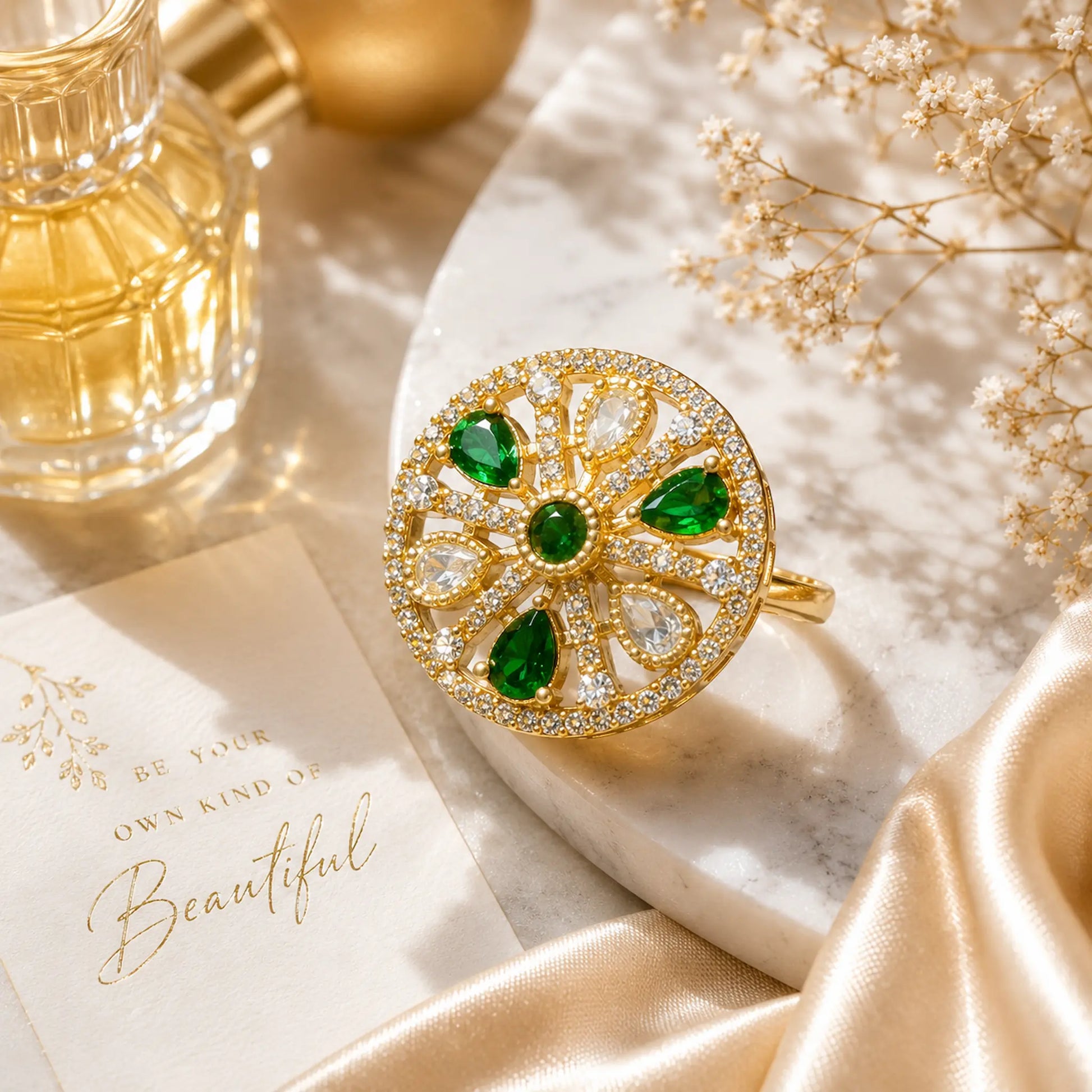 CZ Kundan Polki Teardrop Petal Wheel Cocktail Ring - Emerald Green | K Gold