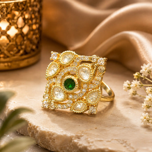 CZ Kundan Polki Cluster Diamond Square Cocktail Ring