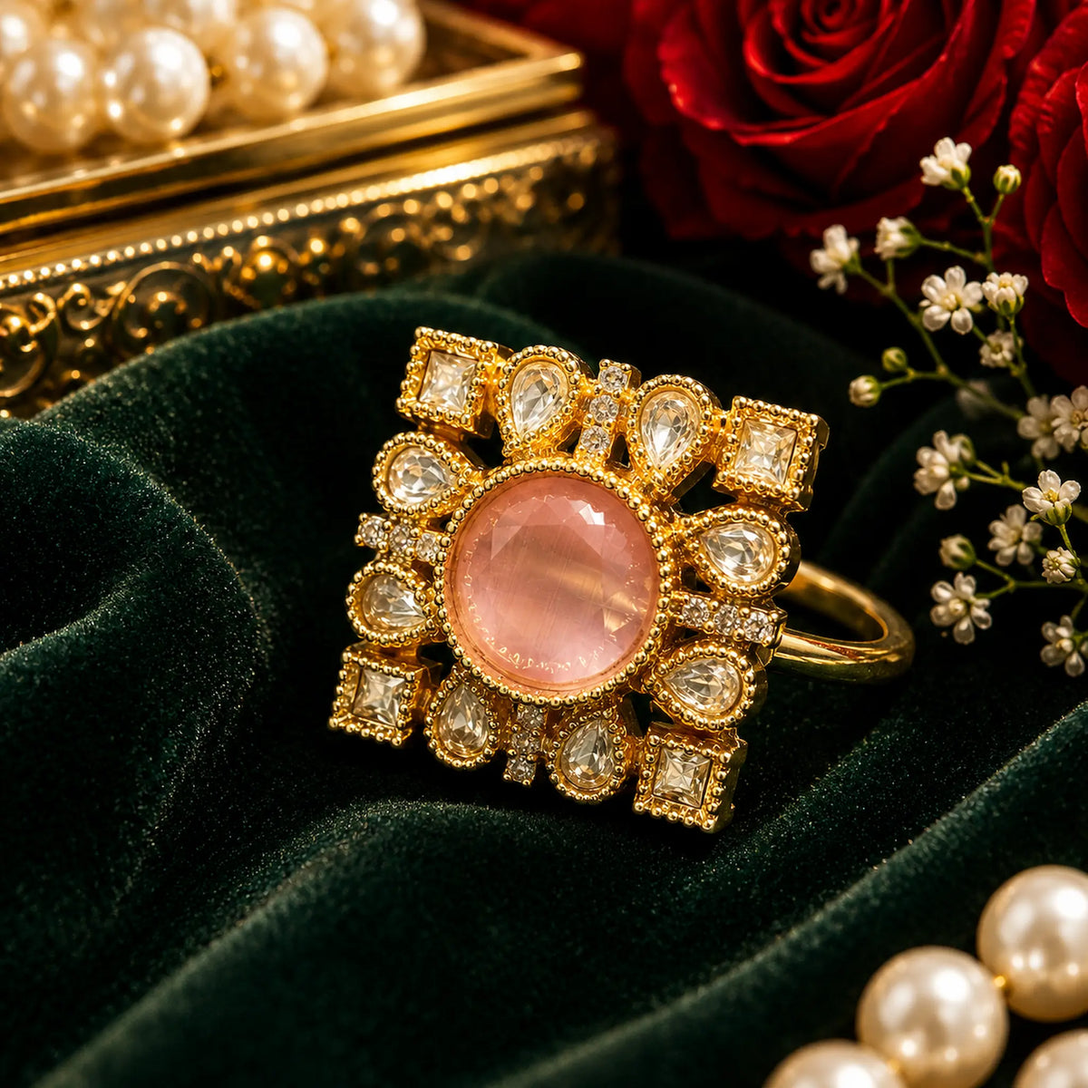 CZ Kundan Polki Round Square Frame Cocktail Ring - Baby Pink | K Gold